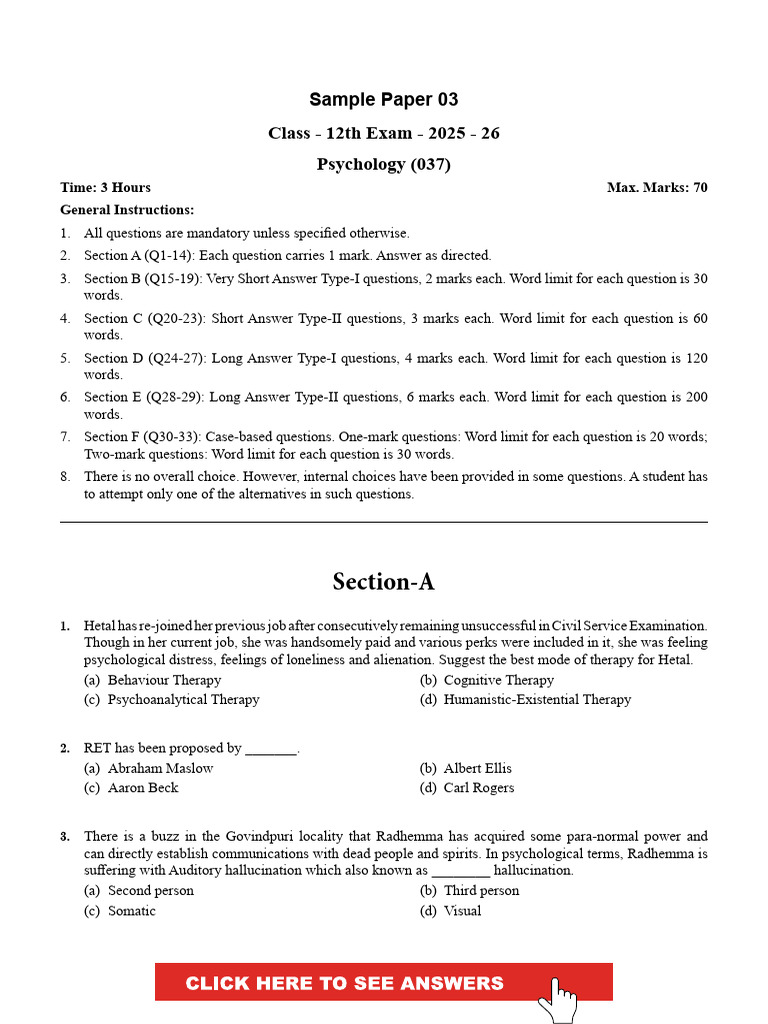 CBSE Class 12 Psychology Sample Paper | PDF | Mental Disorder ...