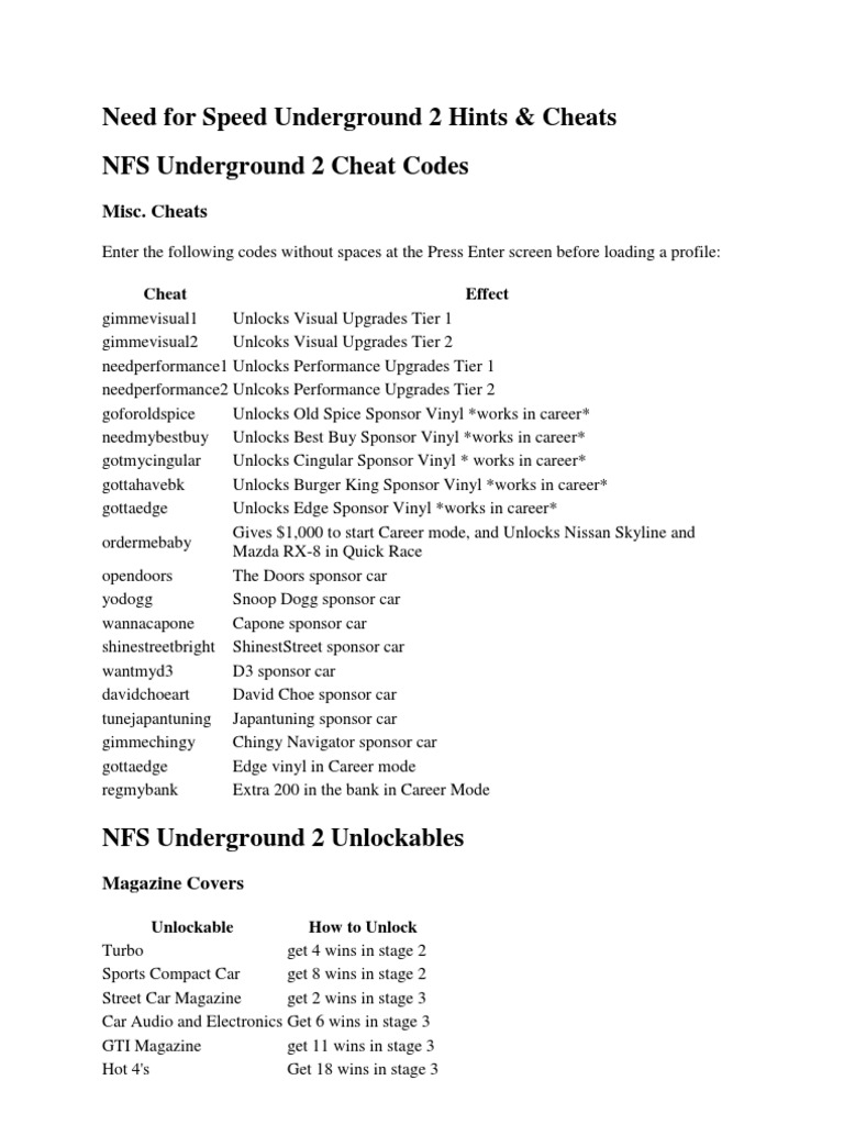 Cheat For Need For Speed Need For Speed Underground 2 Hints | PDF | Cars Of Japan | Wheeled Vehicles