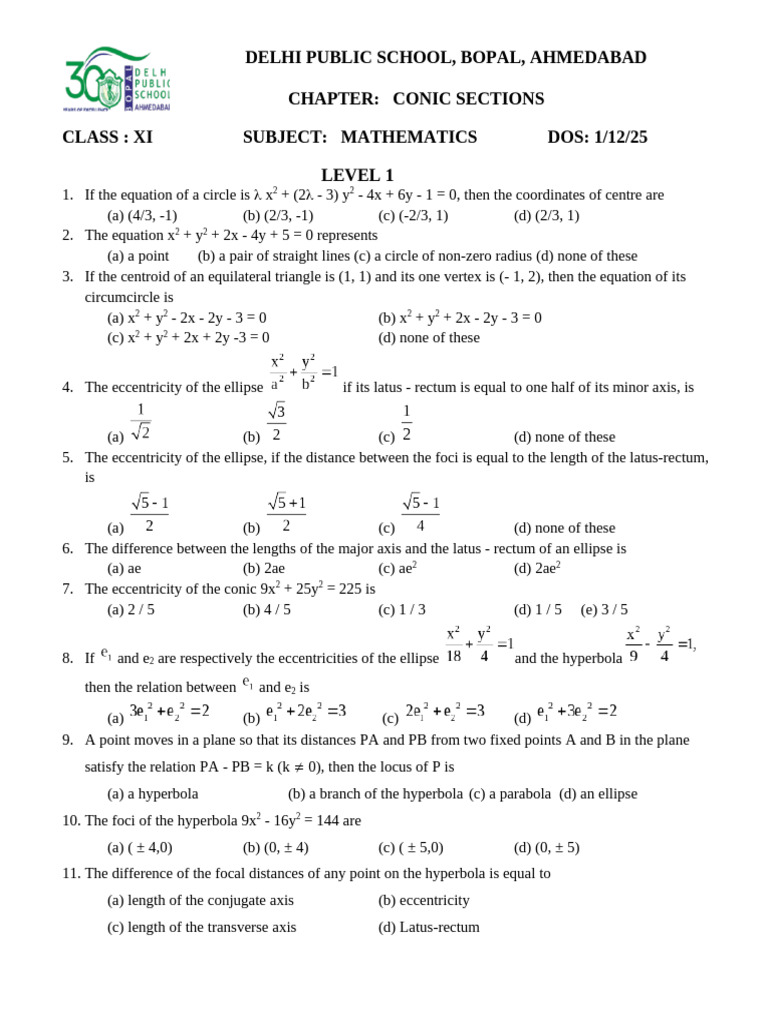 Conic Sections Exercises for Class XI | PDF | Ellipse | Geometric Shapes
