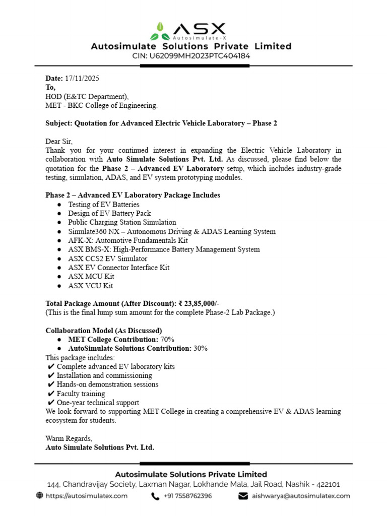 Quotation For Phase 2 - Electric Vehicle Laboratory Setup (MET COLLEGE ...