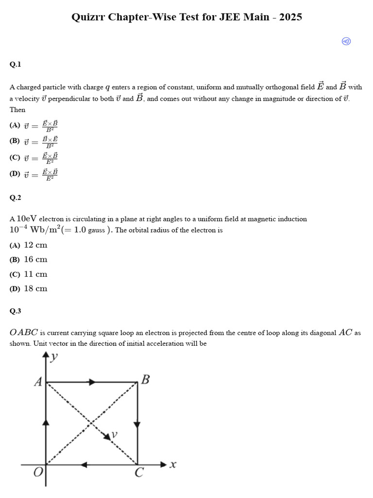 JEE Main 2025 Chapter-Wise Quiz | PDF | Magnetic Field | Electron