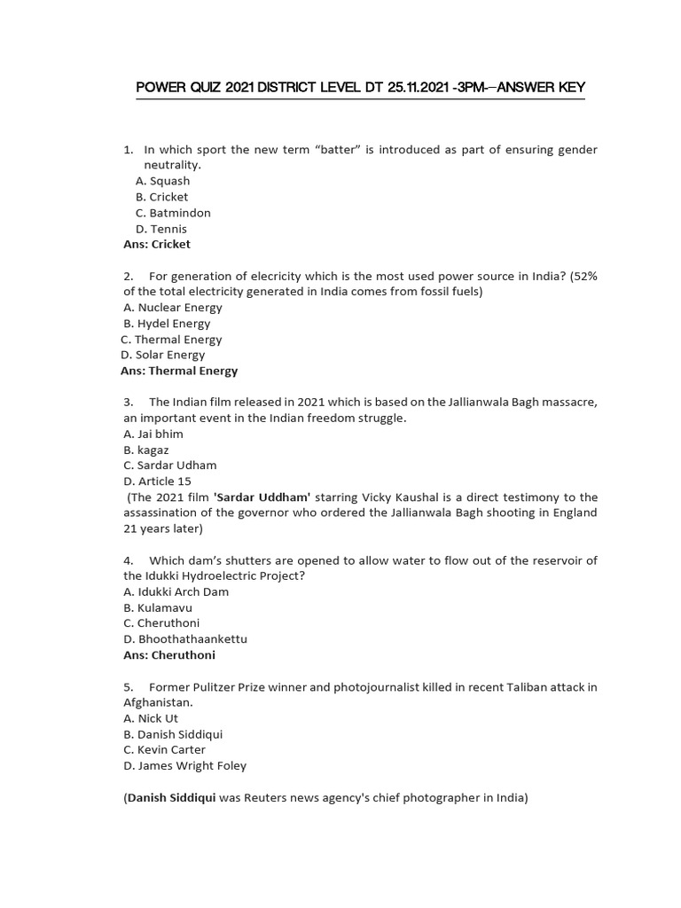 Power Quiz 2021 DL Ans Key Eng | PDF | Power Station | Hydroelectricity