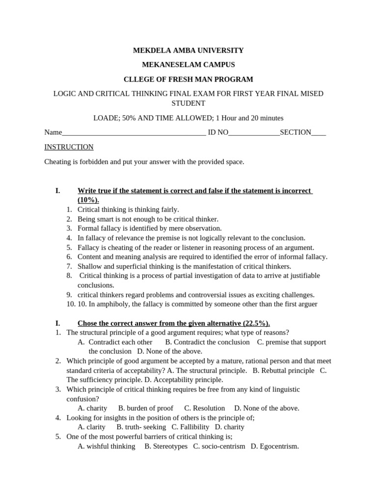 Logic and Critical Thinking Exam Guide | PDF | Fallacy | Argument