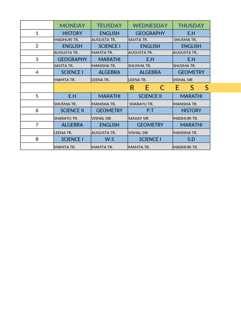 Weekly Class Schedule Overview | PDF