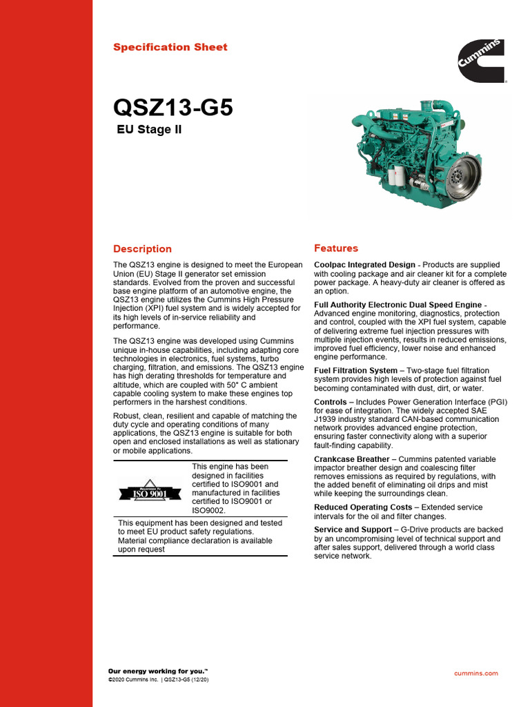 QSZ13-G5 Engine Specification Sheet | PDF | Engines | Cummins