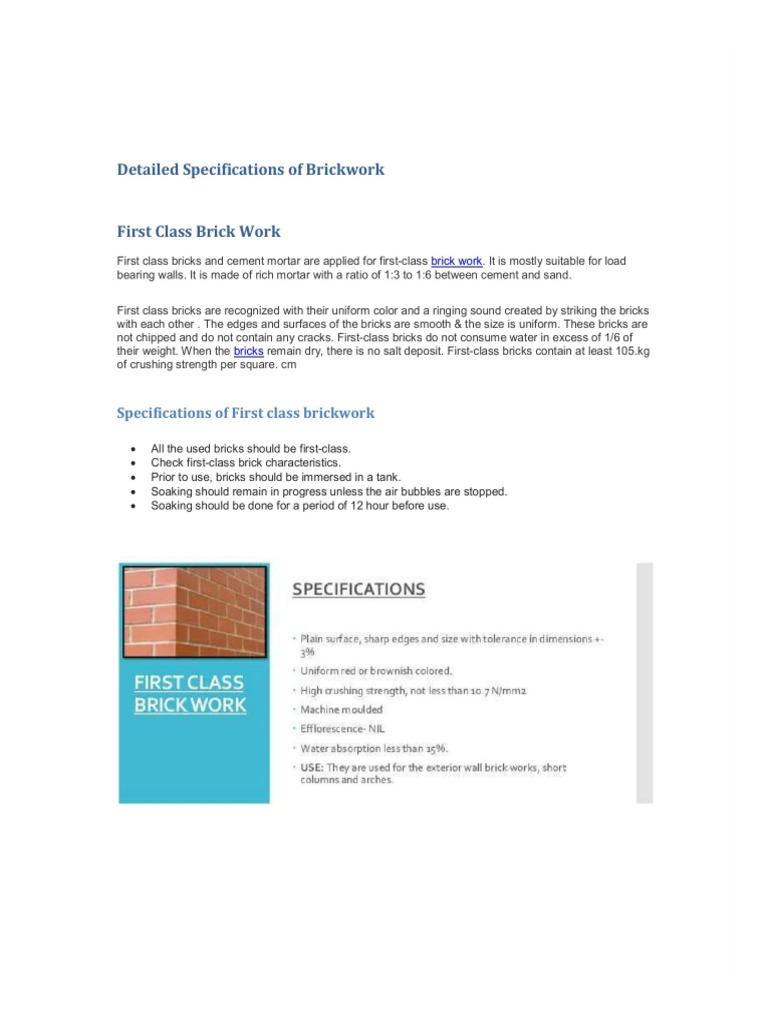 Detailed Specifications of First Class Brickwork | PDF