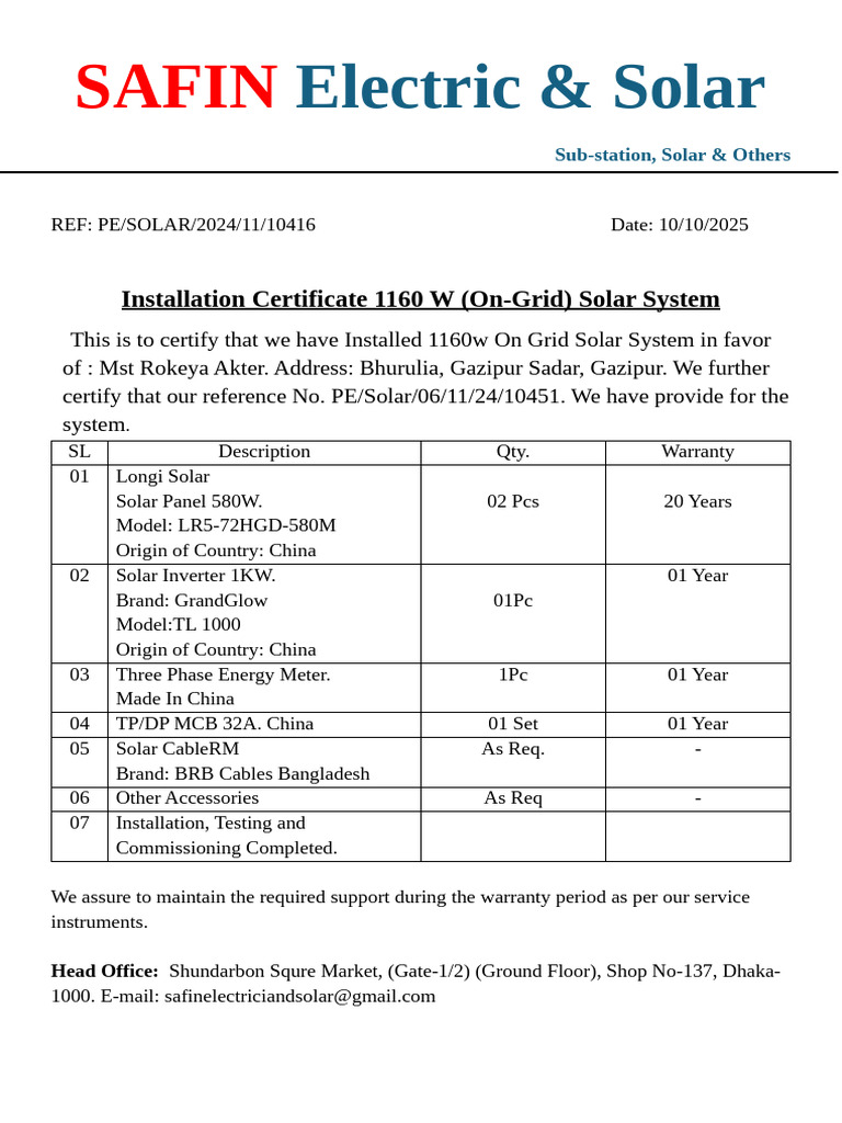 Installation Certificate (On Grid) Solar System | PDF