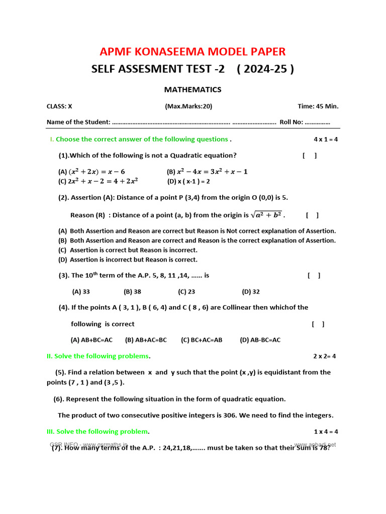 10th Class Maths FA 2 SAMP 2 Model Paper 4 2024-25 GSR INFO-www ...