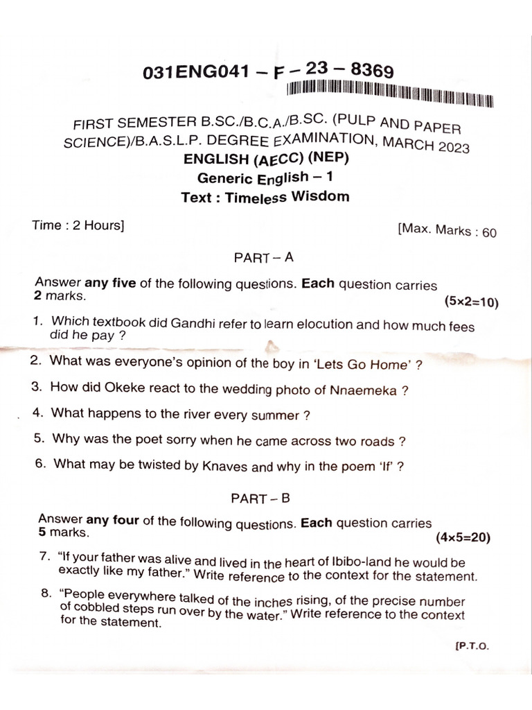 Generic English Question Paper 2023 | PDF