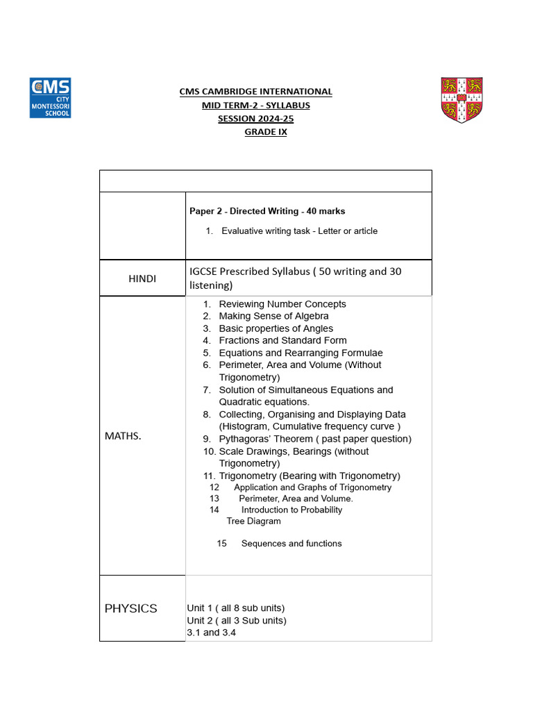 Grade IX Mid Term 2 Syllabus 2024-25 | PDF | Trigonometry | Equations