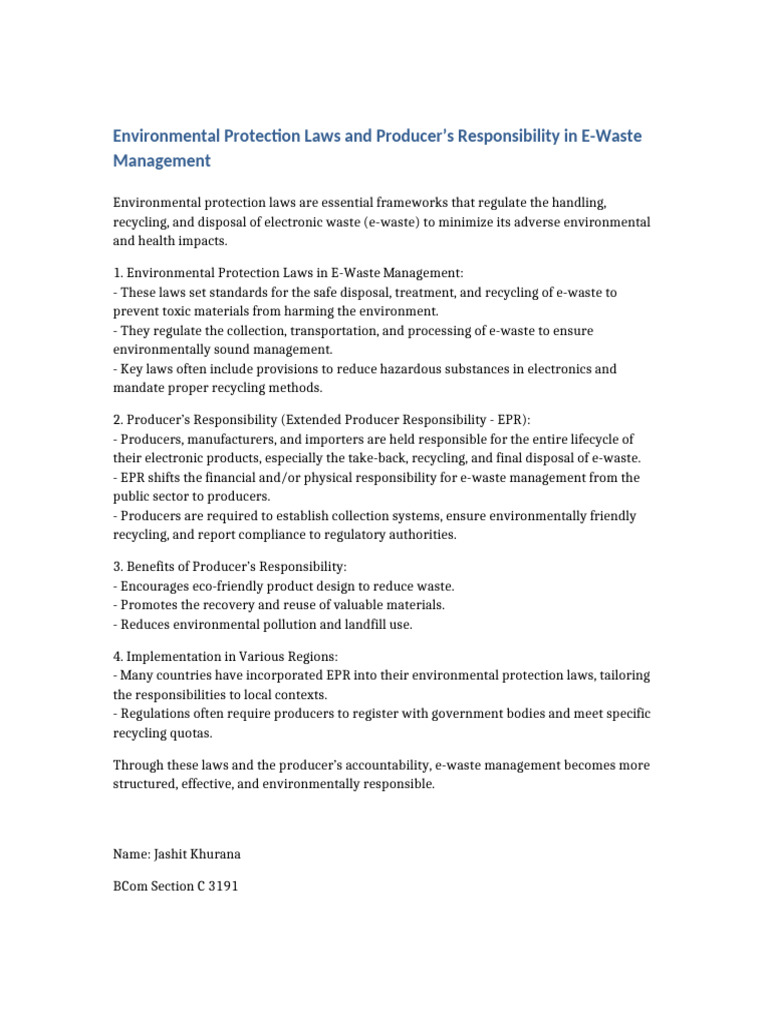 Environmental Protection Laws Producer Responsibility E Waste | PDF