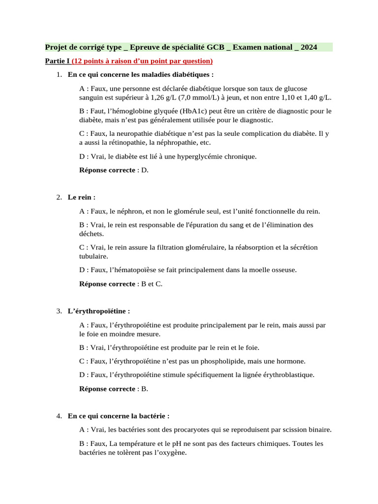 Corrigé type GCB 2024 : Examen national | PDF | Rein | Globule rouge