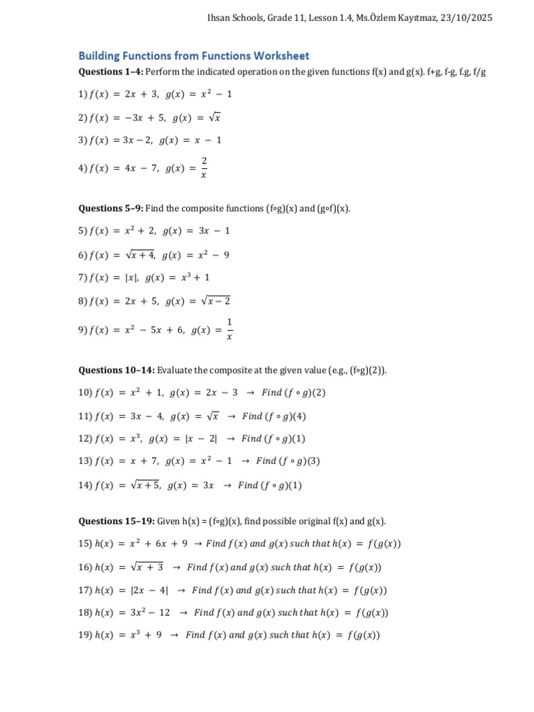 Building Functions Worksheet for Grade 11 | PDF