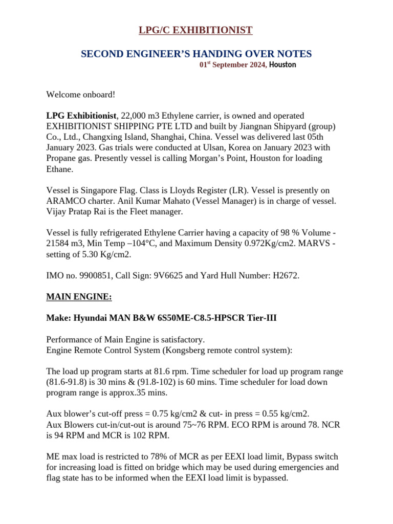 Second Engineer's Handover Notes for LPG/C | PDF | Pump | Sewage Treatment