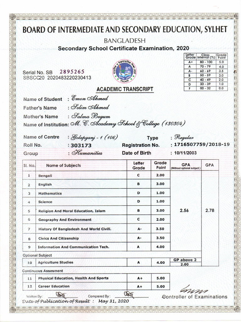 SSC Marksheet 1 | PDF