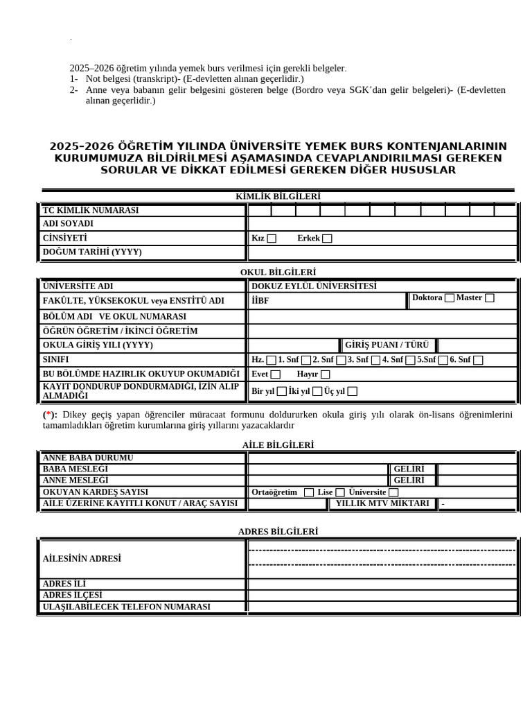 Burs Basvuru Formu 2025 2026 | PDF