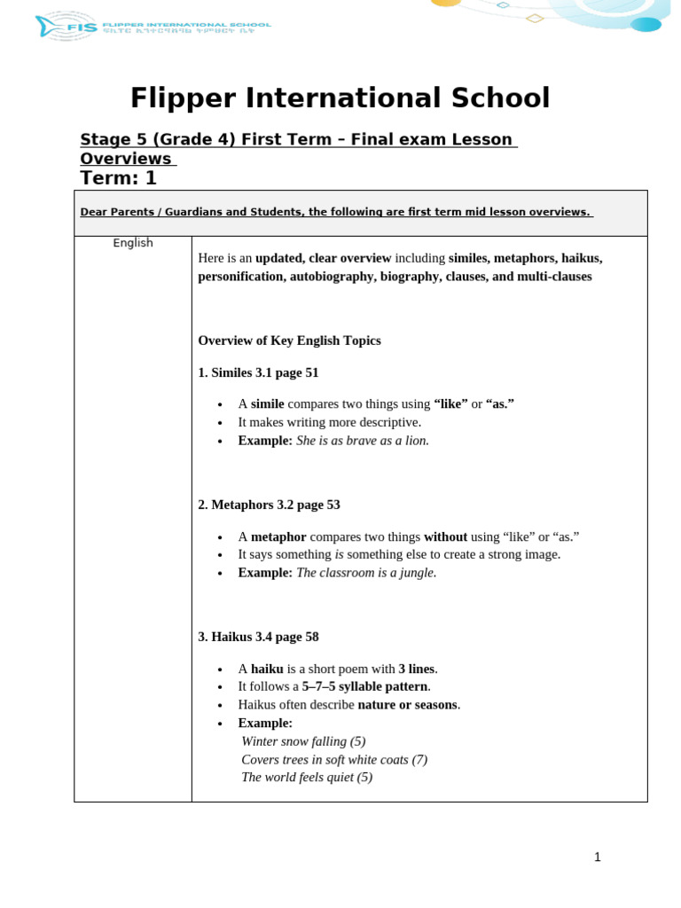 Grade 4 First Term Exam Overview | PDF | Learning | Haiku