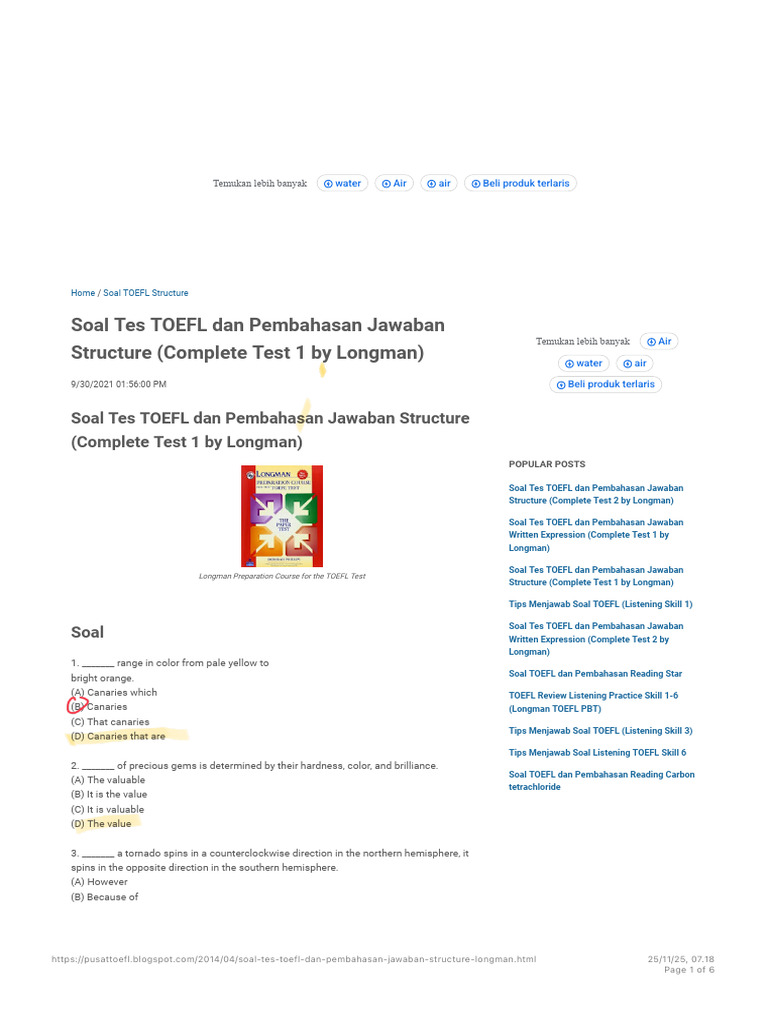 TOEFL Structure Practice Questions | PDF | Linguistics | Syntax