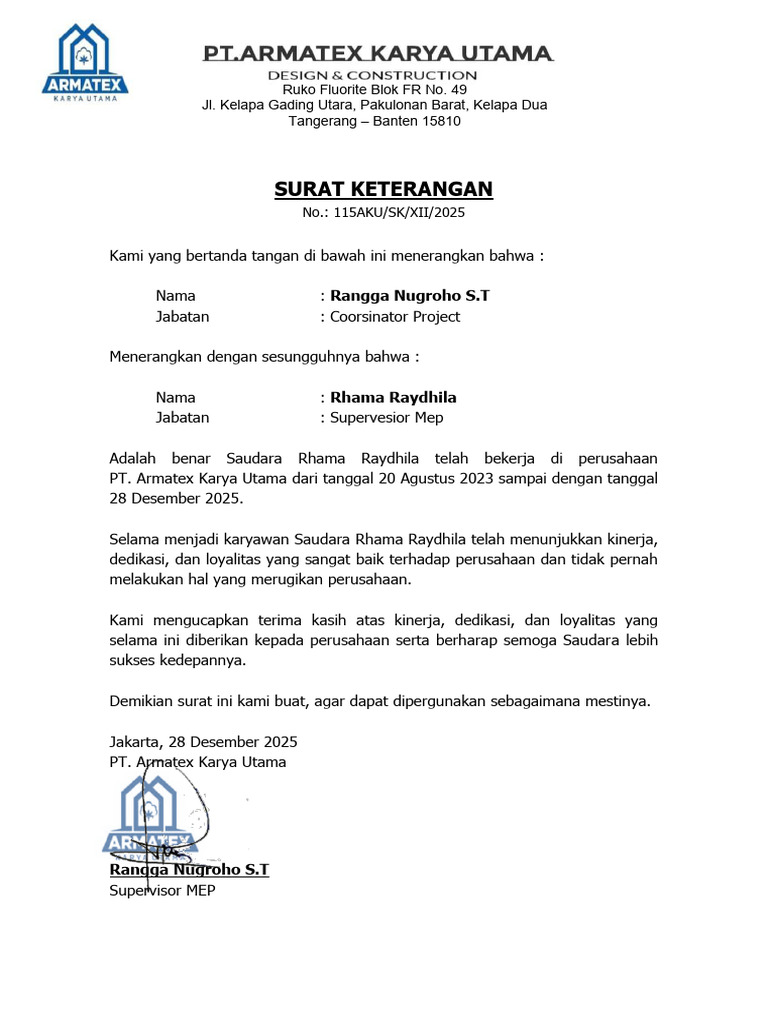Surat Keterangan Kerja Rhama Raydhila | PDF