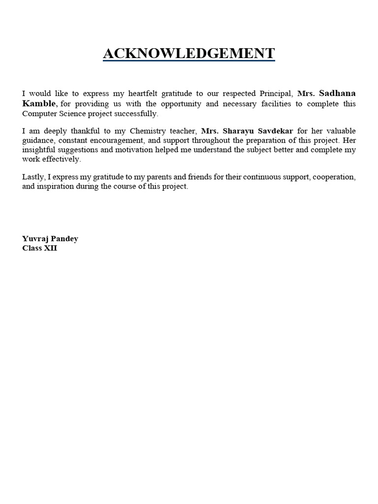 Acknowledgement for Computer Science Project | PDF