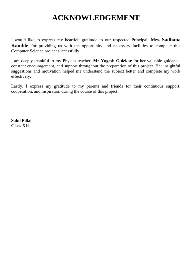 Acknowledgements for Computer Science Project | PDF