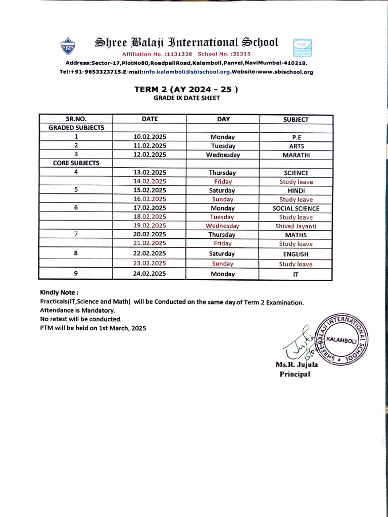 Grade IX Term 2 Datesheet 250115 205536 | PDF