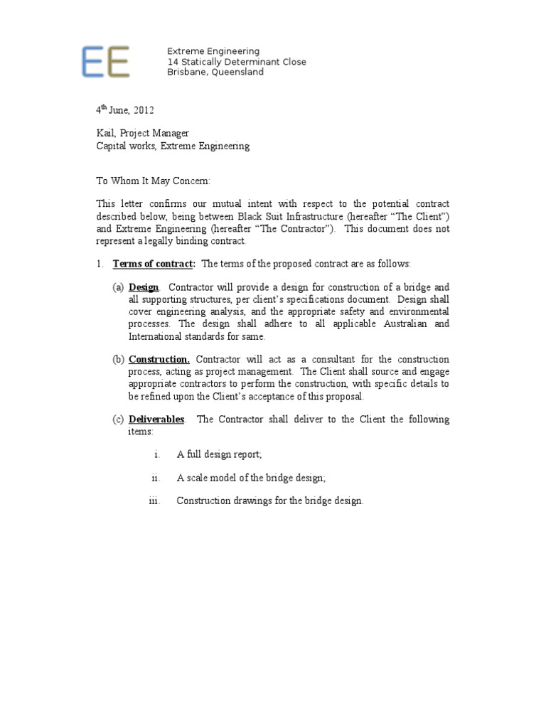Construction Letter of Intent Sample | PDF | Engineering | Common Law