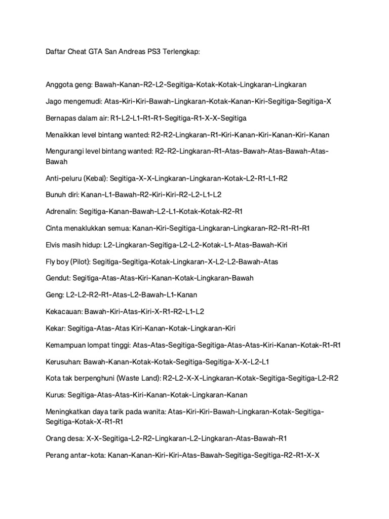 Cheat GTA San Andreas PS3 Lengkap PDF