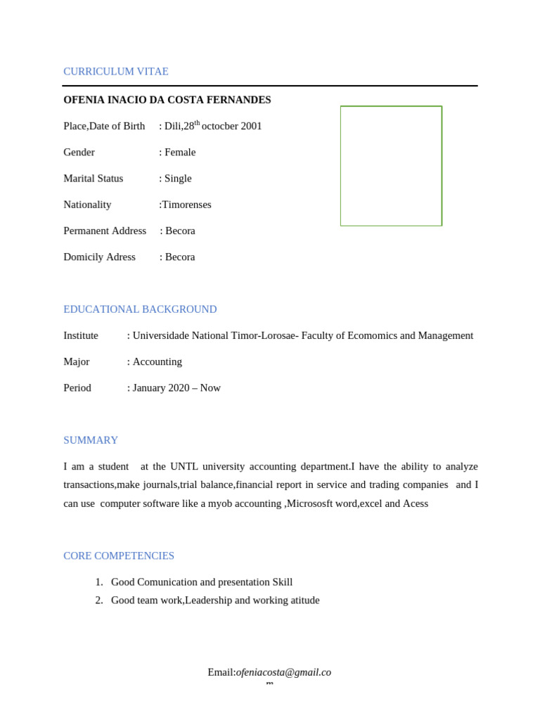Ofenia Costa Fernandes CV - Accounting Student | PDF