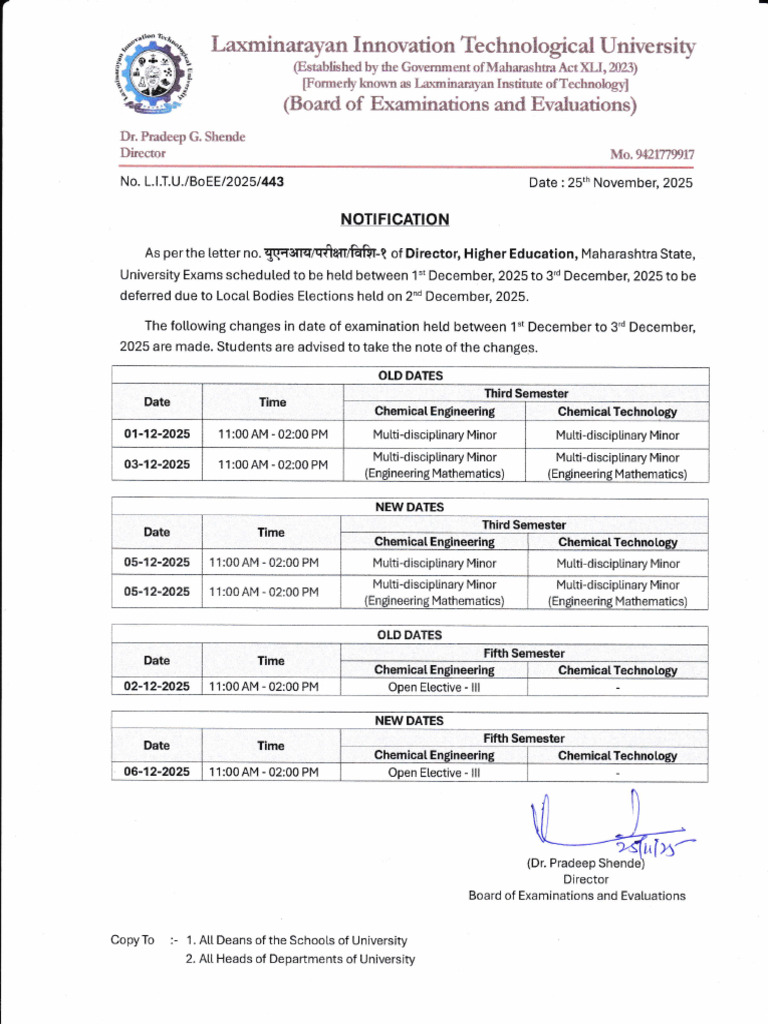 Notification - Exam Date Change | PDF | Engineering | Process Engineering