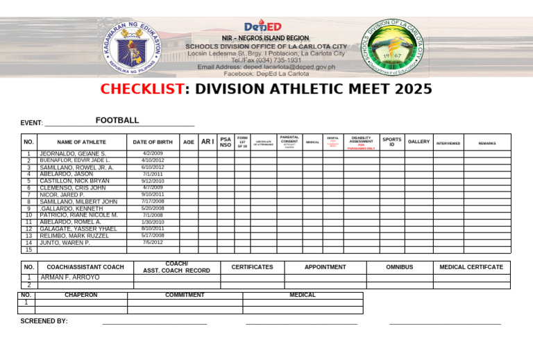 Division Athletic Meet 2025 Checklist | PDF