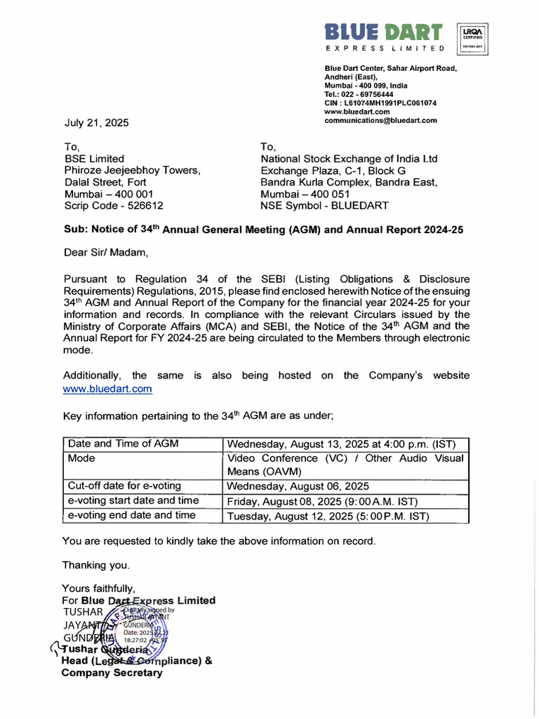 Blue Dart AGM Notice & Annual Report 2024-25 | PDF | Expense | Business