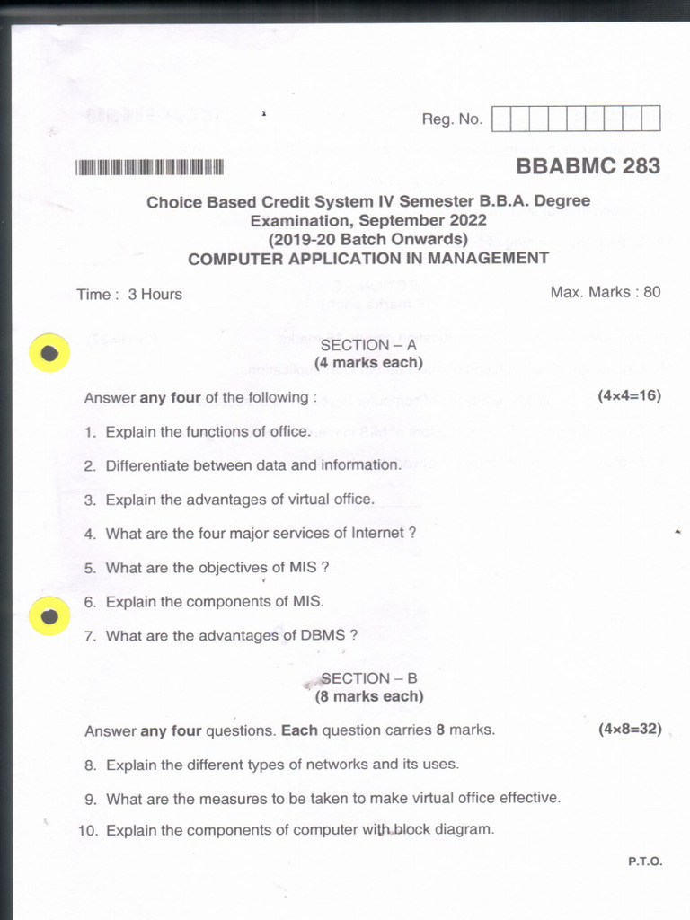 BBA IV Semester Computer Application in Management September 2022 | PDF