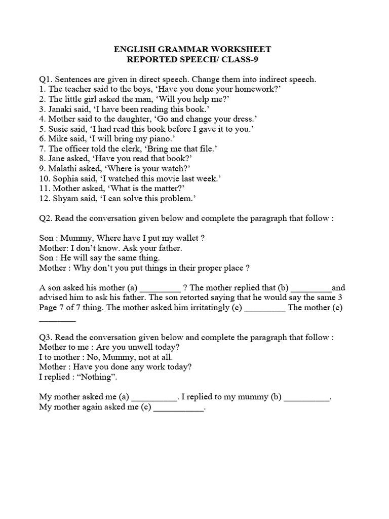 Reported Speech Worksheet for Class 9 | PDF