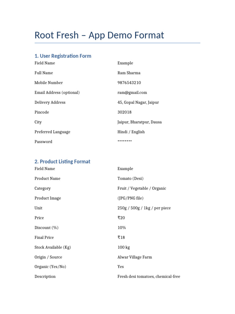 Root Fresh App Demo: User & Product Format | PDF