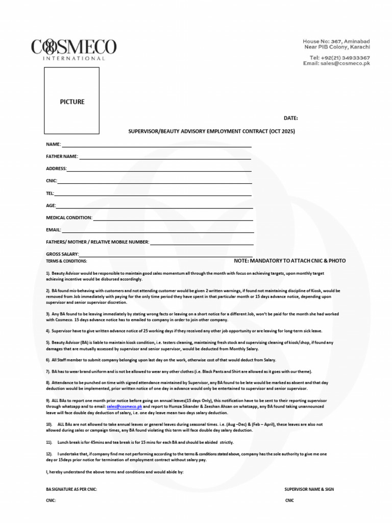 Beauty Advisor Employment Contract 2025 | PDF | Employee Relations ...