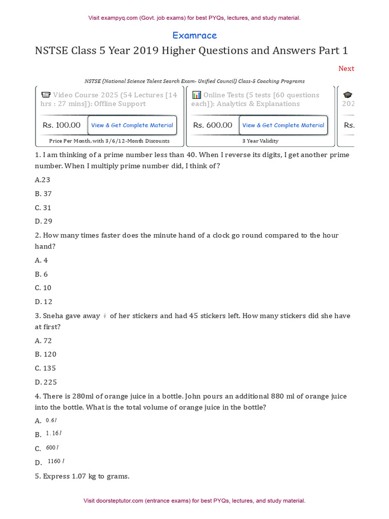 NSTSE Class 5 Year 2019 Part 1 | PDF