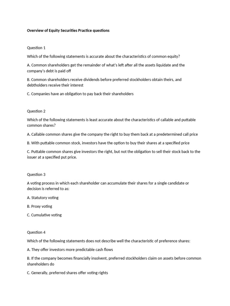 Equity Securities Practice Questions Guide | PDF | Equity (Finance ...