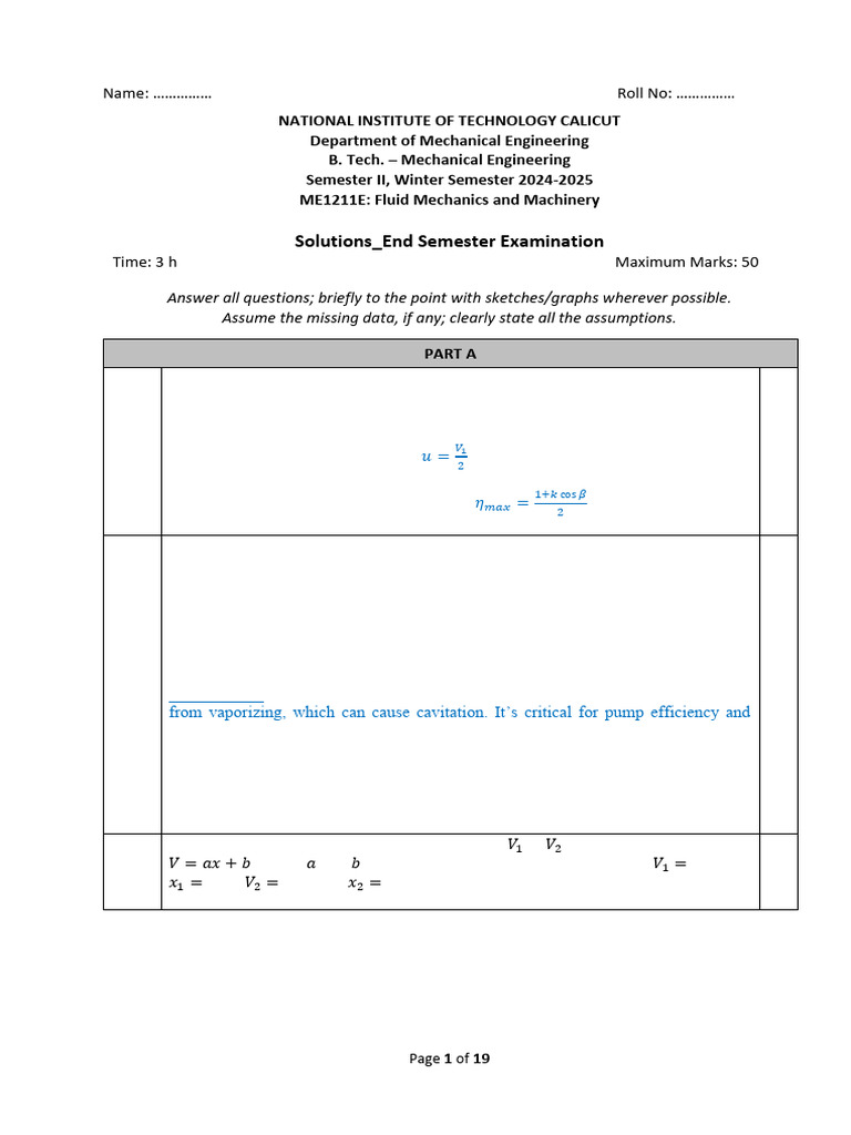 Fluid Mechanics Exam Solutions 2024-2025 | PDF | Pump | Dynamics ...
