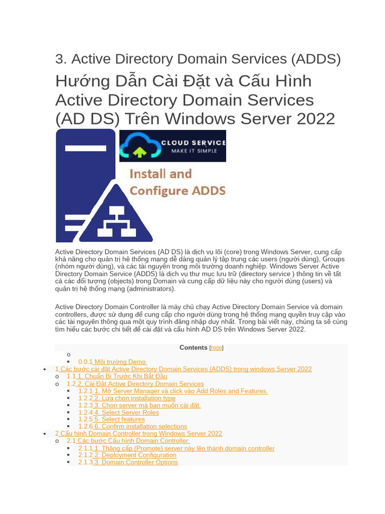3.1 Hướng Dẫn Cài Đặt Và Cấu Hình Active Directory Domain Services | PDF