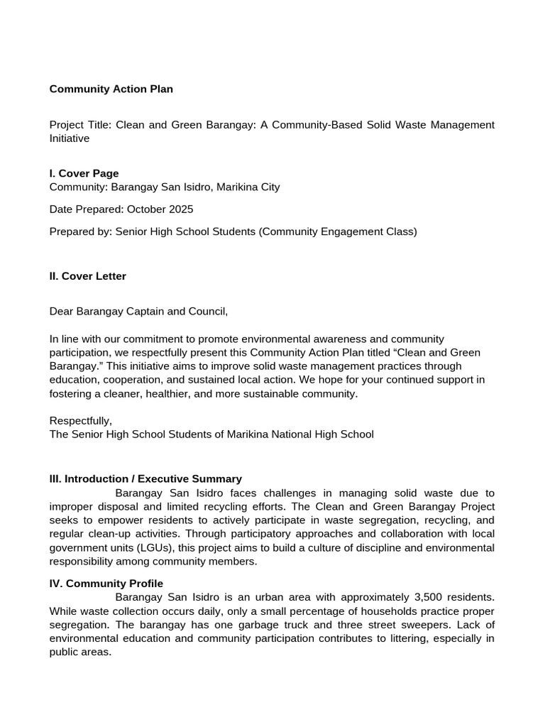 Clean and Green Barangay Action Plan | PDF | Waste | Waste Management
