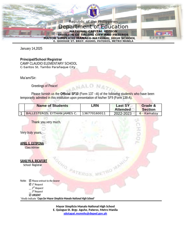 Request for Student SF10 Form | PDF