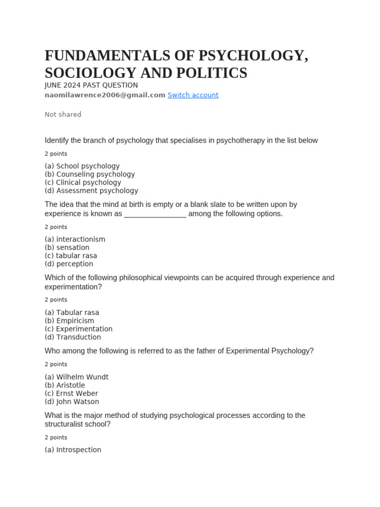 Psychology, Sociology, and Politics Exam Questions | PDF | Sociology ...