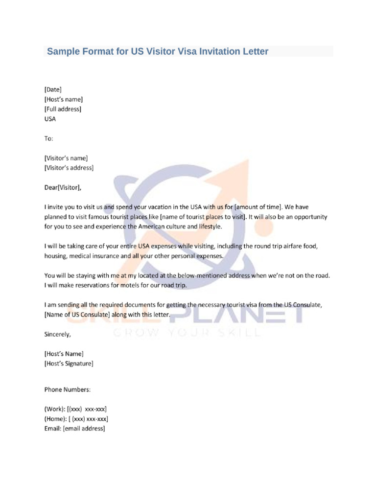 Sample Format For US Visitor Visa Invitation Letter | PDF