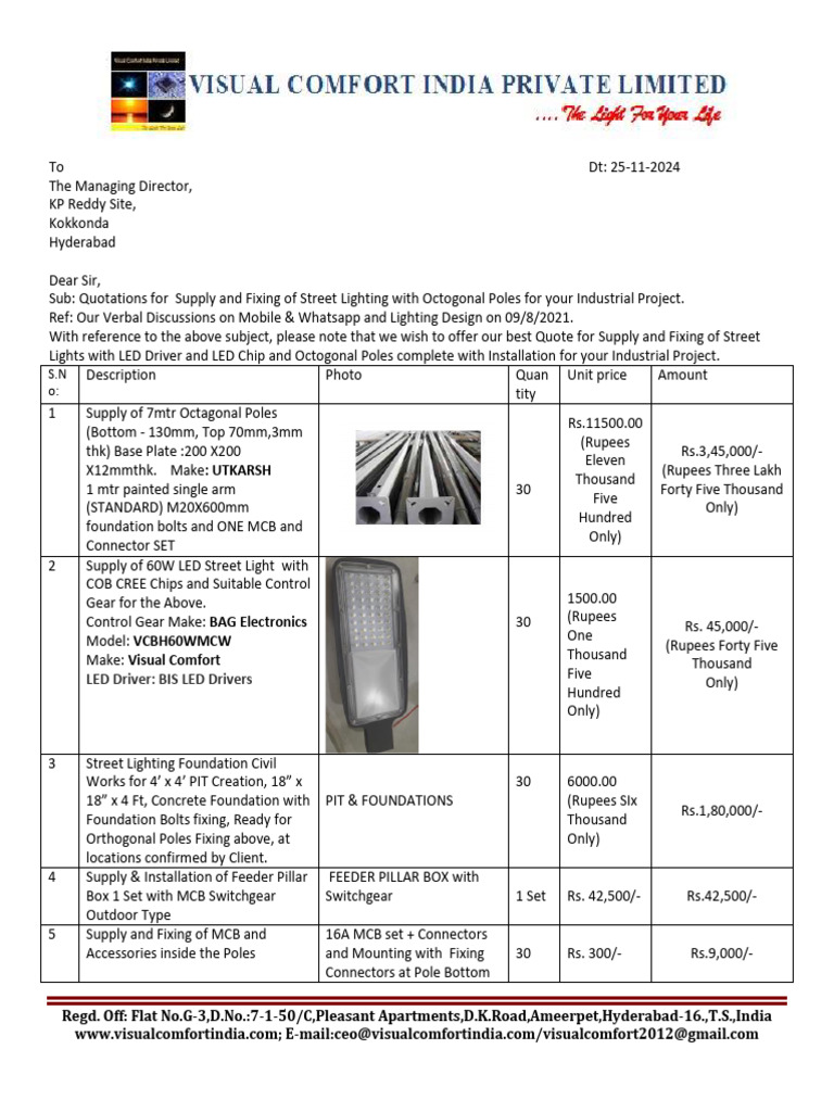 Street Lighting Quotation for Industrial Project | PDF
