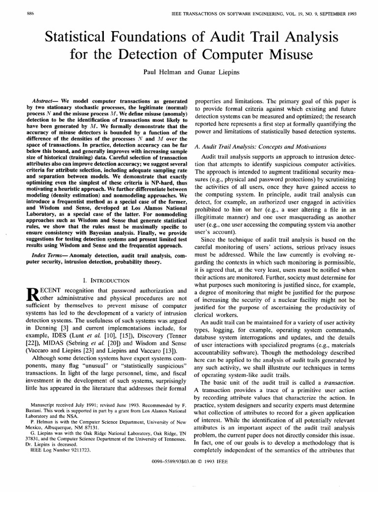 (TSE93) Statistical Foundations of Audit Trail Analysis For The ...