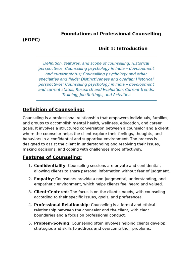 Overview of Professional Counseling | PDF | Psychotherapy | Counseling ...