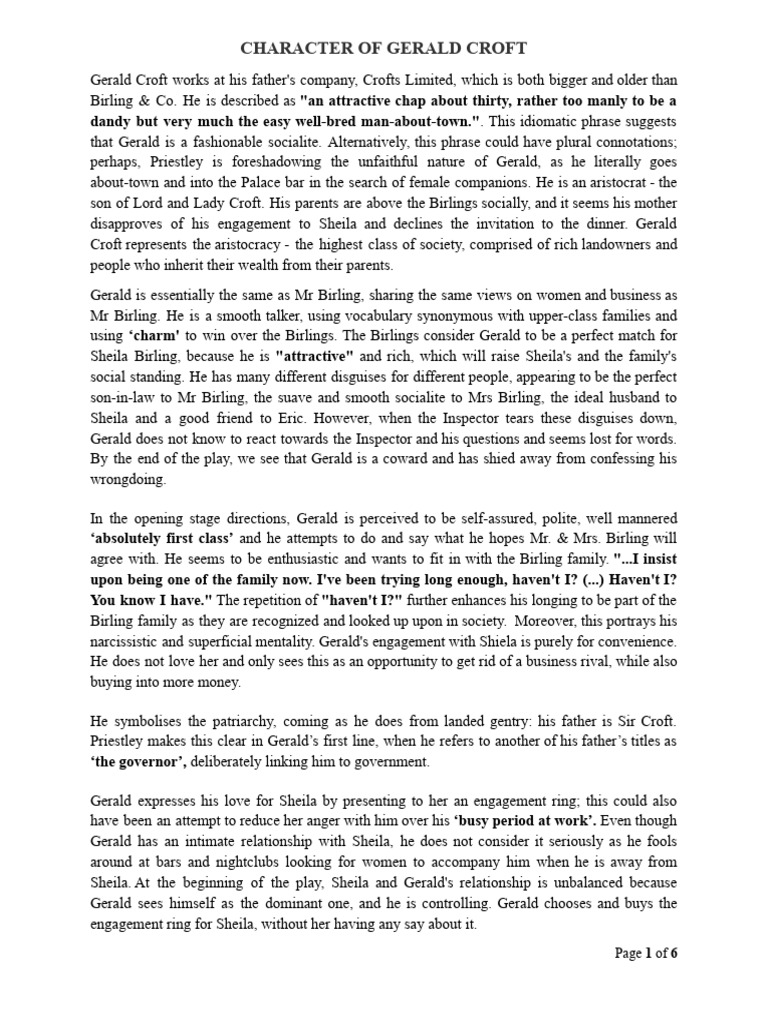Analysis of Gerald Croft's Character | PDF