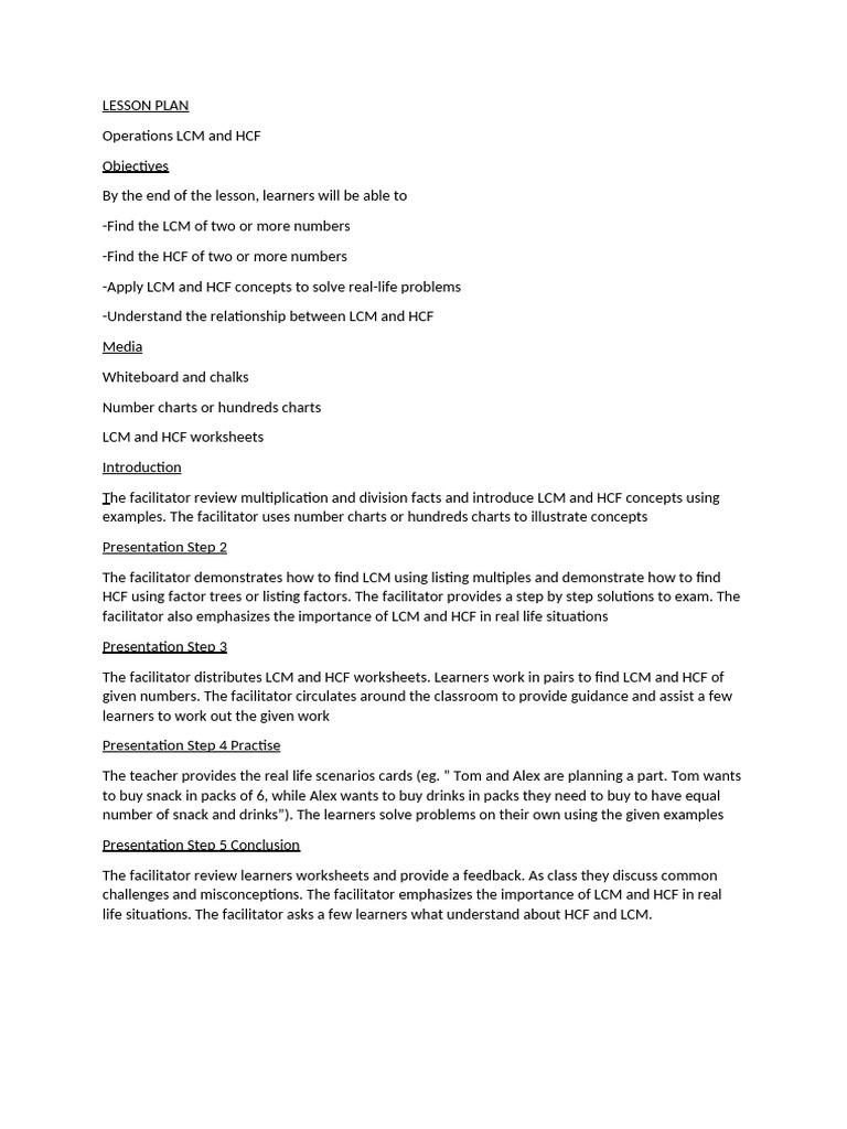 LCM and HCF Lesson Plan Guide | PDF