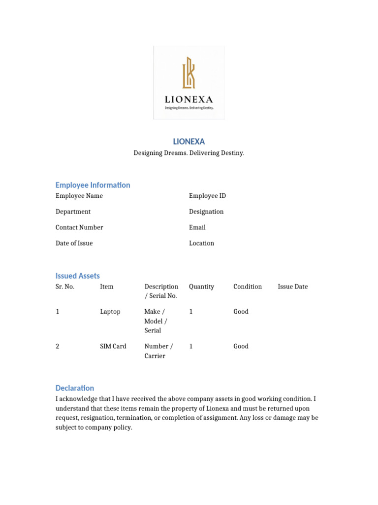 Lionexa Asset Handover Form | PDF